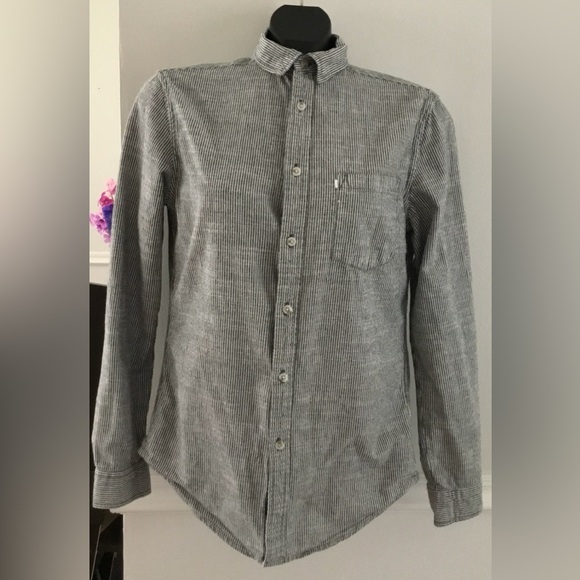 Men’s Gray & White Striped Long Sleeve Button Up Shirt - Picture 1 of 3
